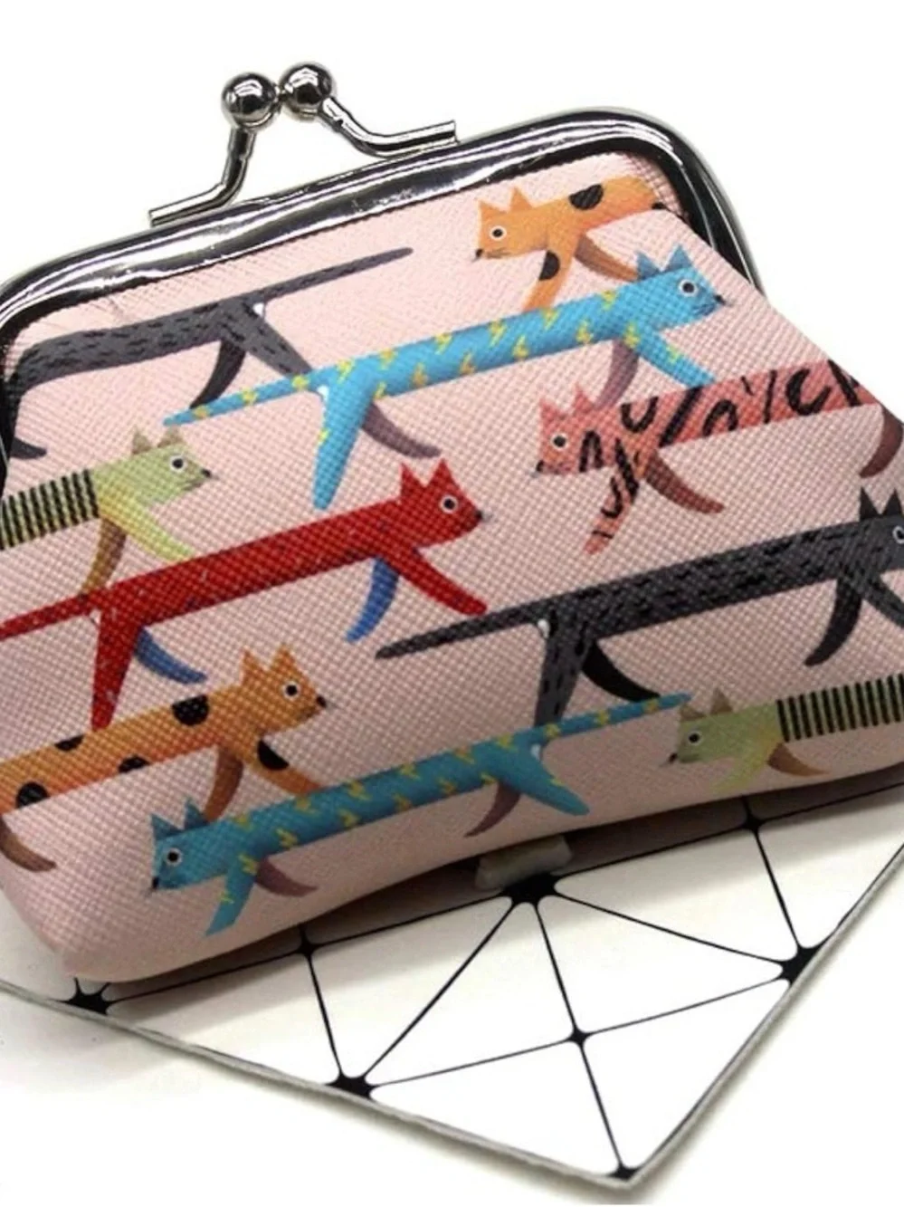Women’s Pink Cat-Print Coin Purse - Small Kiss-Lock Wallet